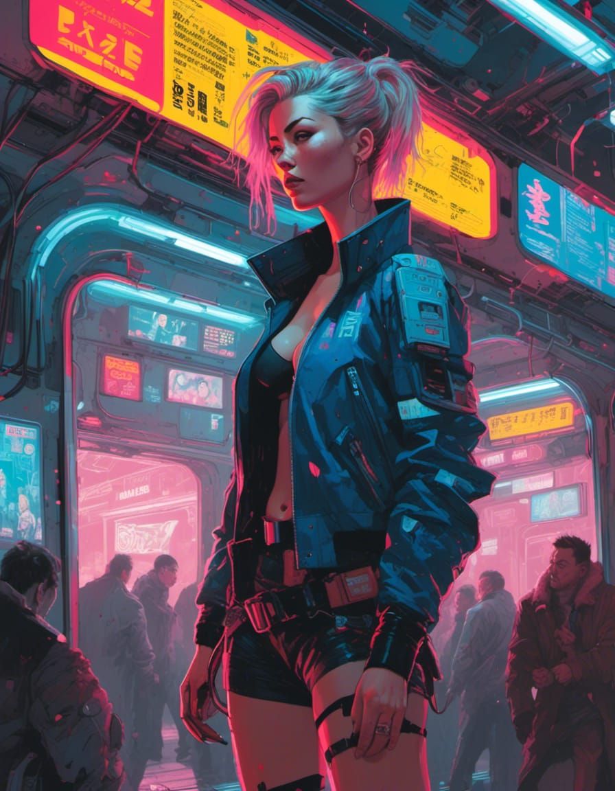 Cyberpunk Yakuza Assassin in Crowded Subway