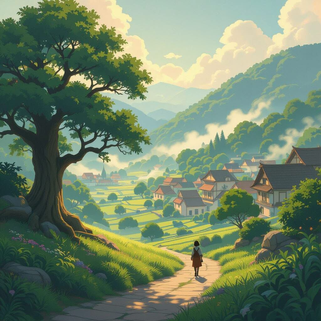 Anime Village in Sunlight, Studio Ghibli Style