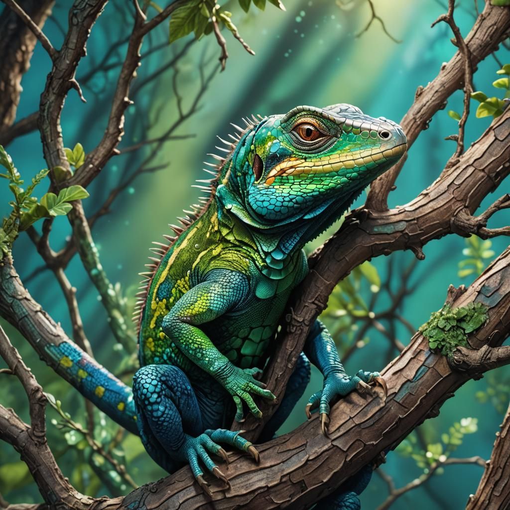 Lizard on Branch in Vibrant 3D Digital Art
