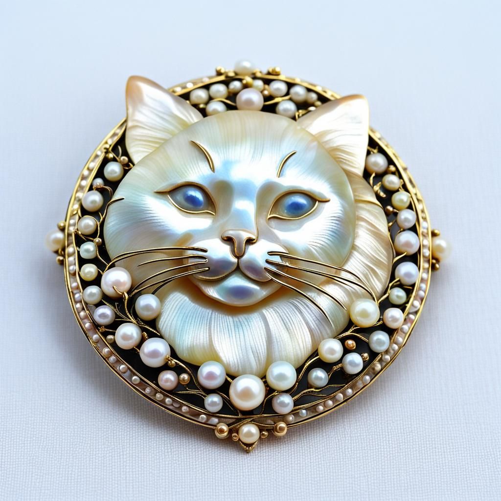 Mother of Pearl Cat Brooch with Pearl Setting