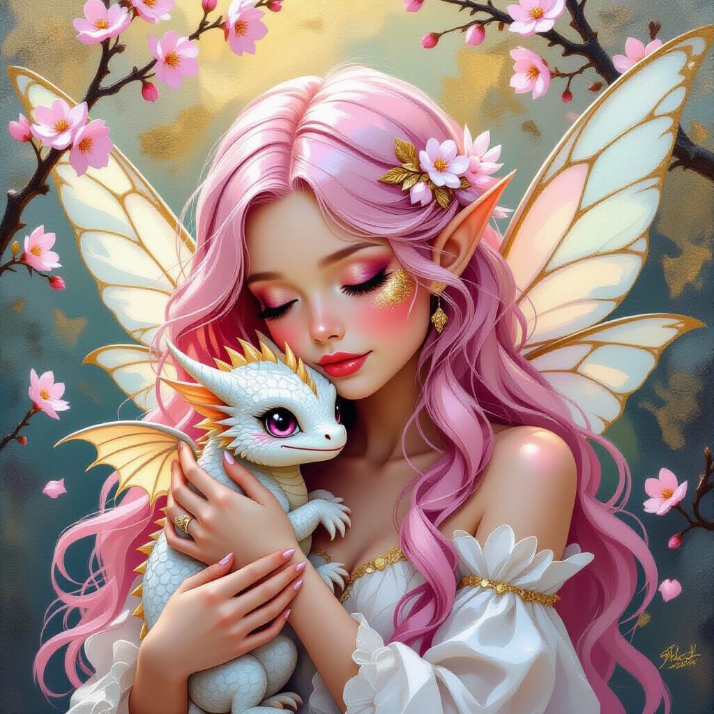 Ethereal Fairy Cuddles Baby Dragon Amidst Cherry Blossoms