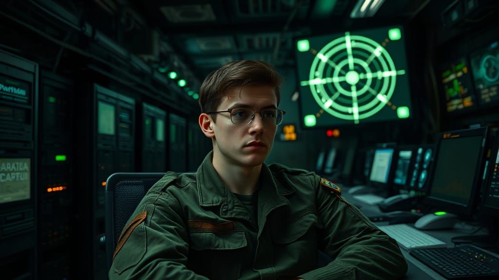 Intense Military Operations Room in Dark, High-Tech Setting