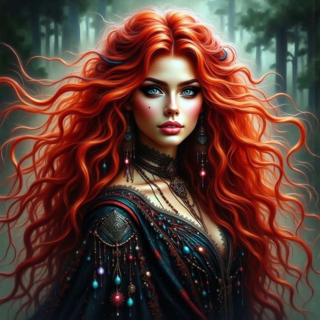 Enchanted Sorceress in Whispers of Crimson and Black