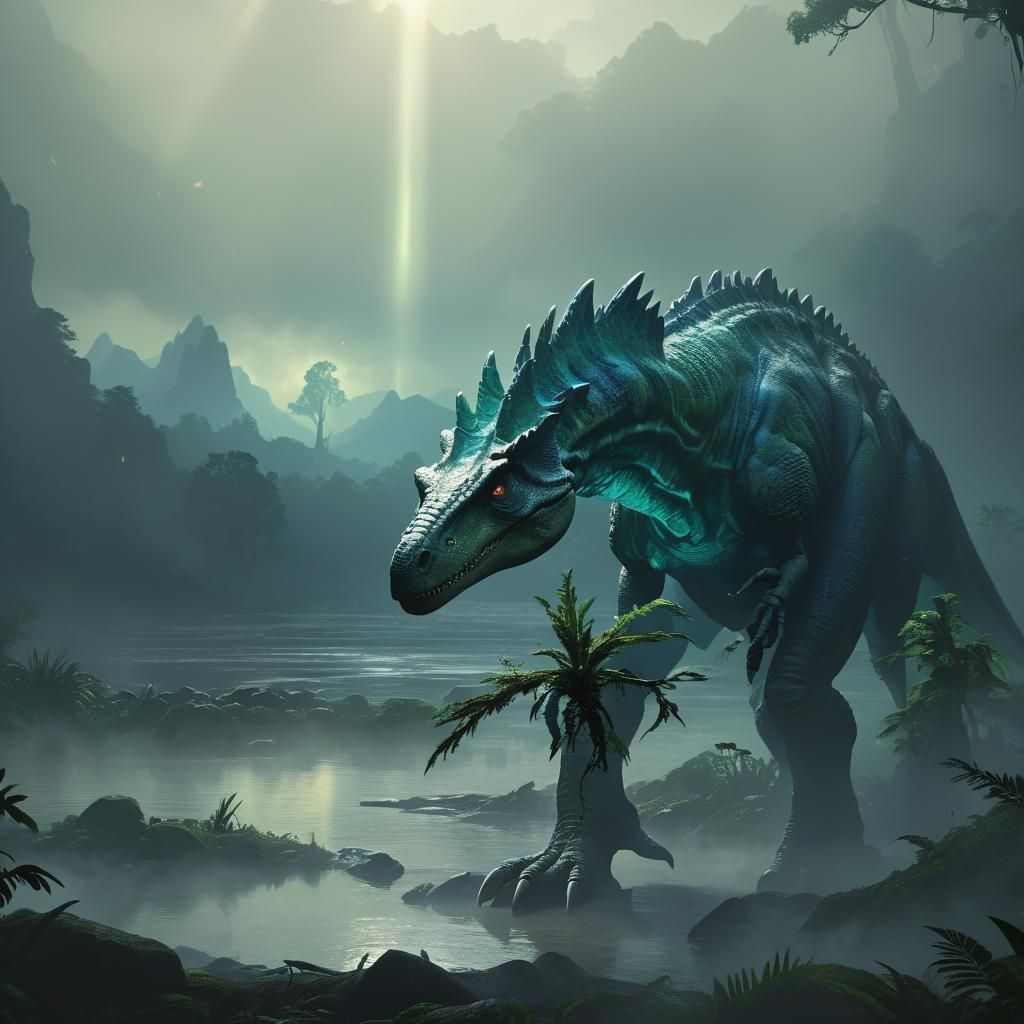 Dinosaur in Mystical Forest, Fantasy Art