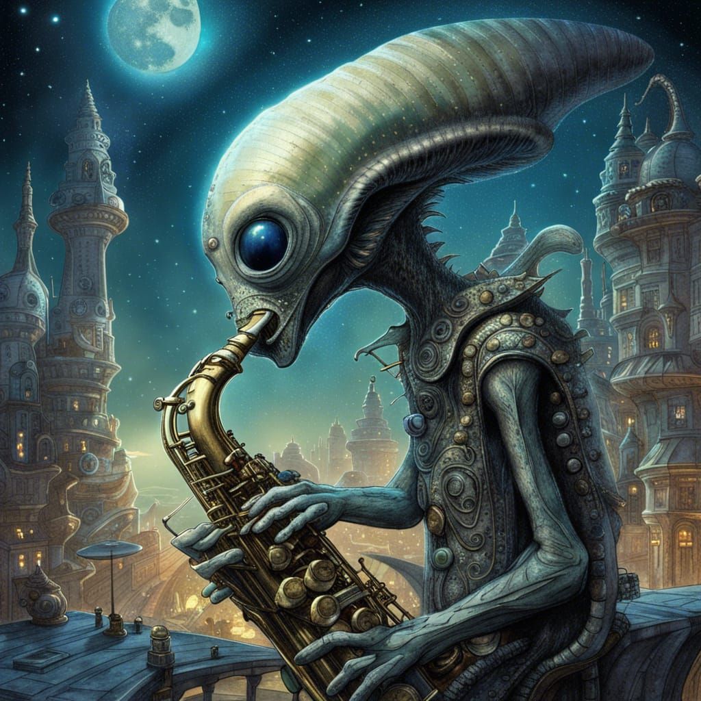 Alien Saxophonist in Surreal Cityscape