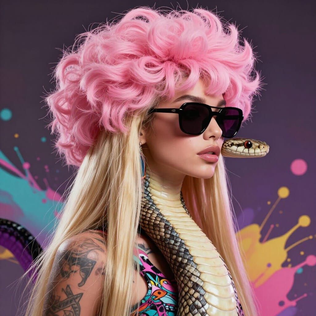 Hyperrealistic Snake with Blonde Hair and Pink Afro Wig