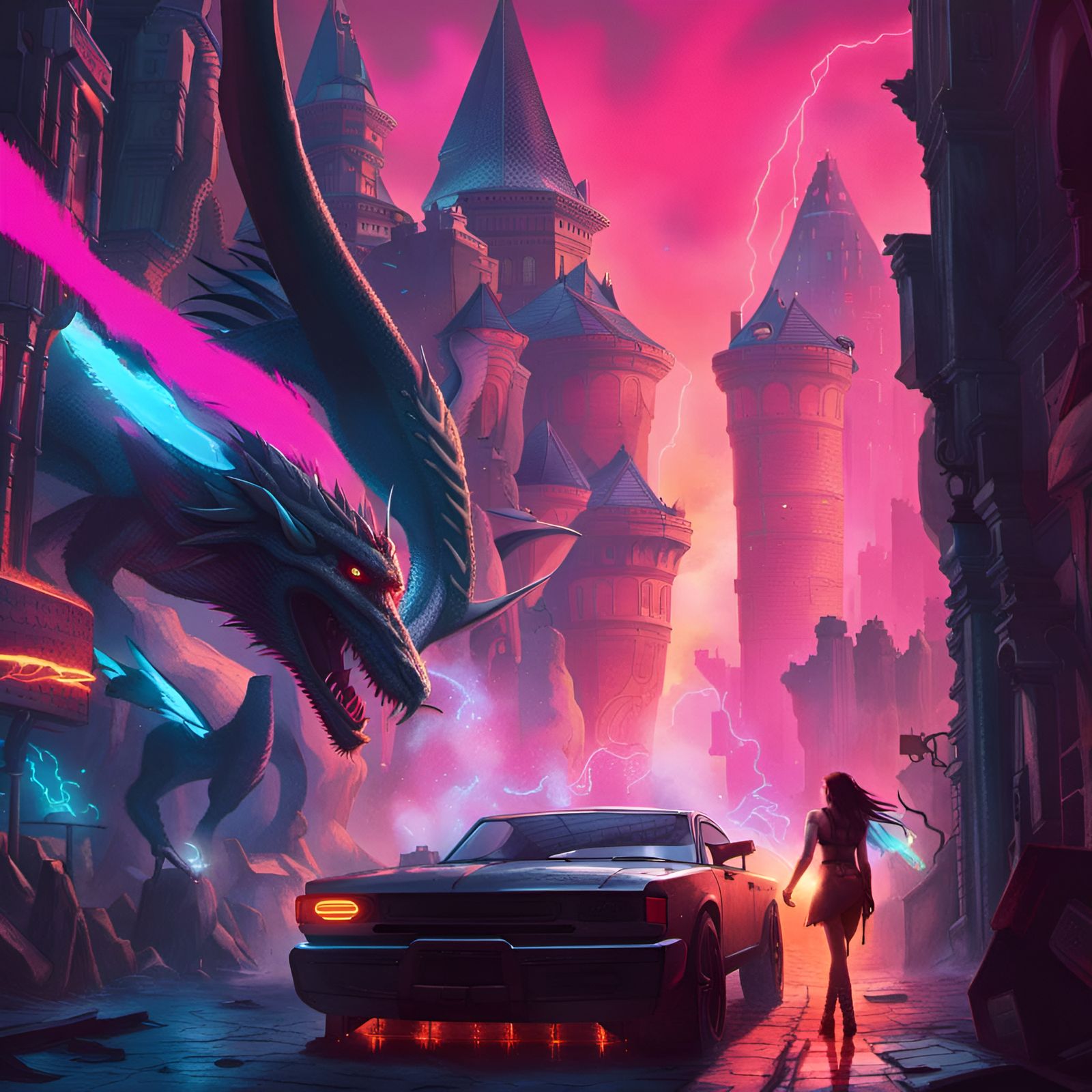 Barbarian Woman Dragon Fight in Cyberpunk Fantasy World