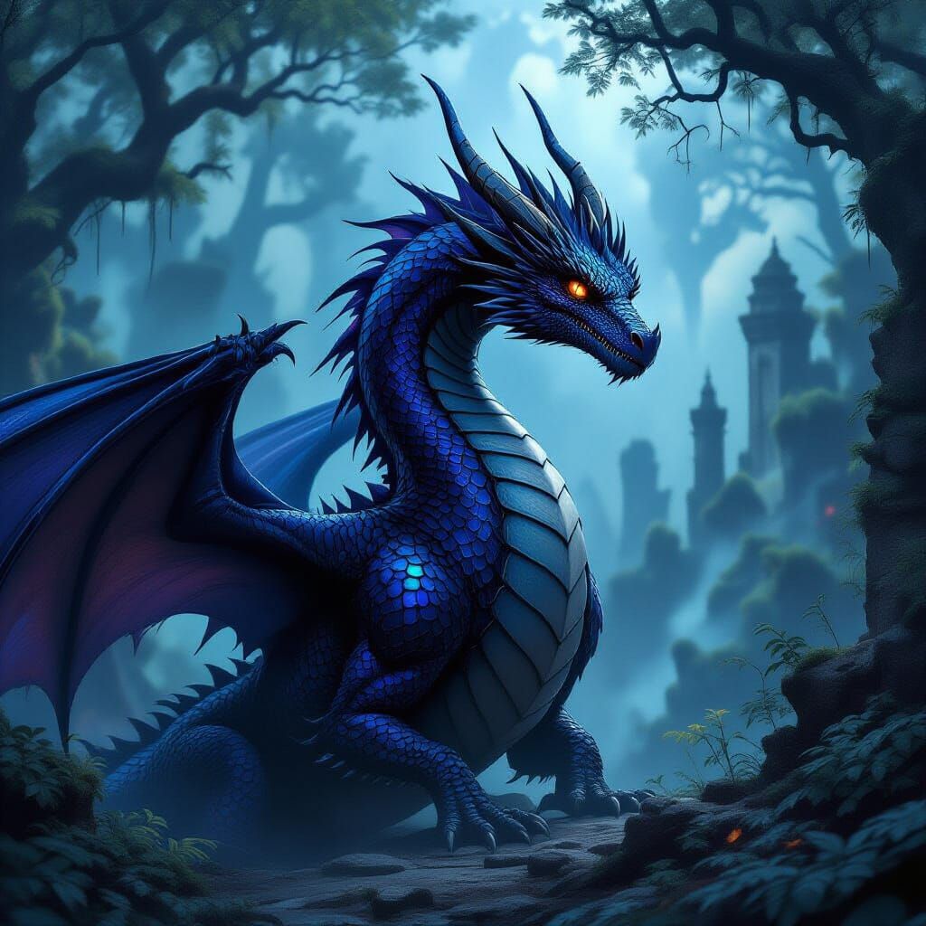 Iridescent Black Dragon in Dark Fantasy Realm