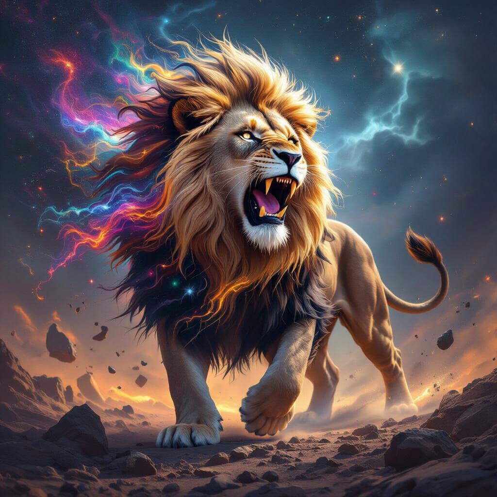 Cosmic Lion Roaring on Battlefield