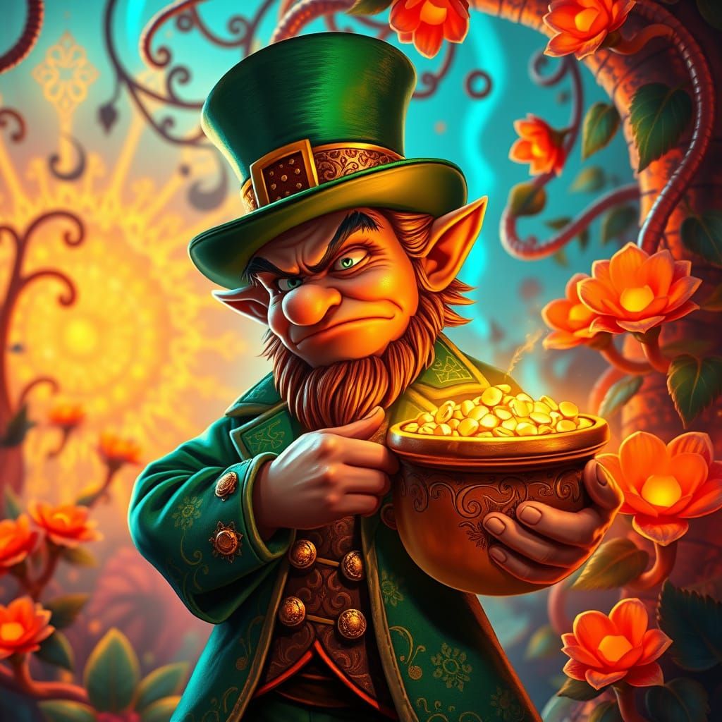 Cyberpunk Leprechaun in Emerald Coat and Top Hat, Holding Po...
