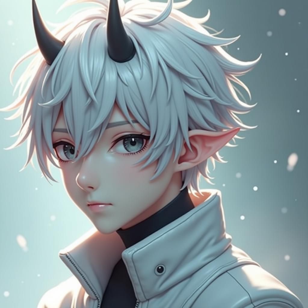 Anime Style Wight Demon with Horns and Black Eyes