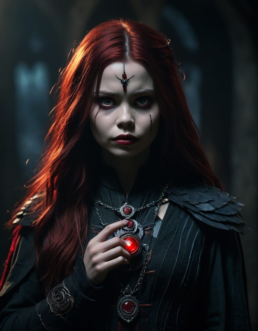 Raven Superheroine with Red Gemstone, Dark Fantasy Art