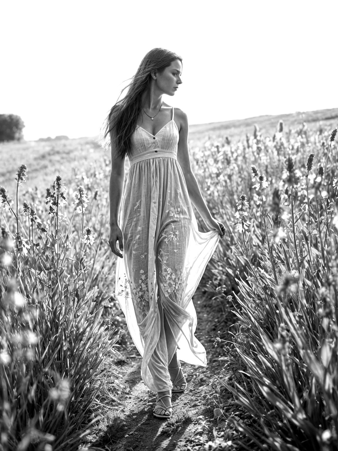 Ethereal Springtime Portrait in Black and White