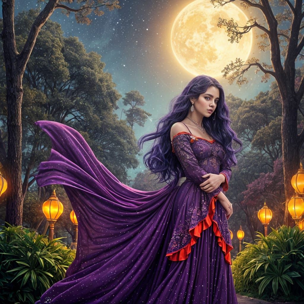 Art Nouveau Girl with Purple Hair Under Starry Sky