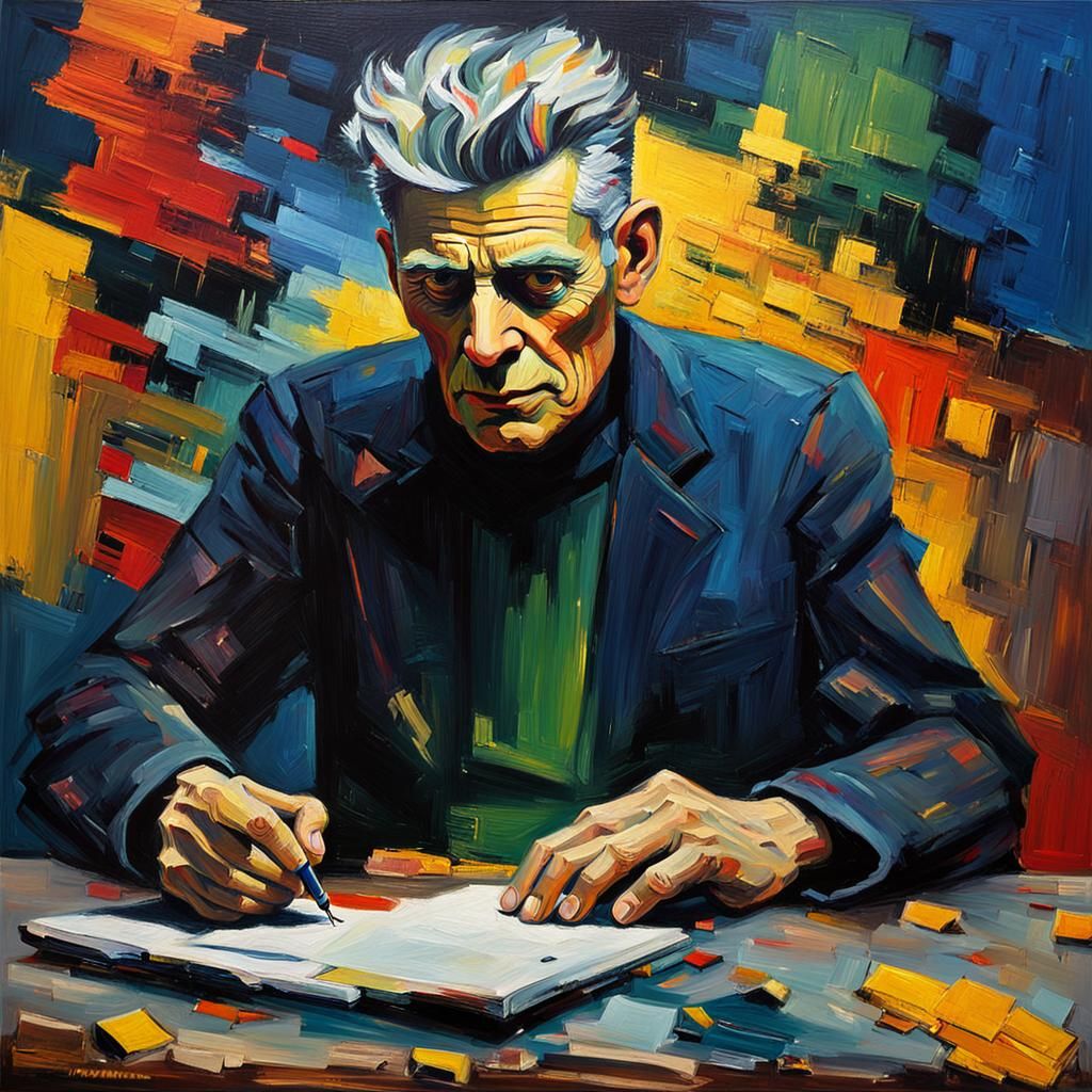 Android Samuel Beckett Writes on Starship as Impasto Oil Pai...