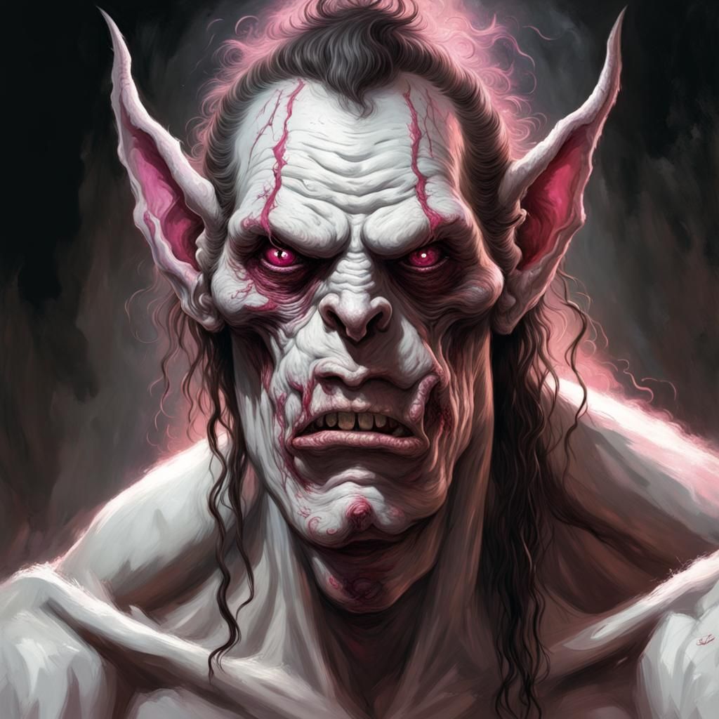 Horrific Pink-Eyed Half-Orc in Dark Engraving Style