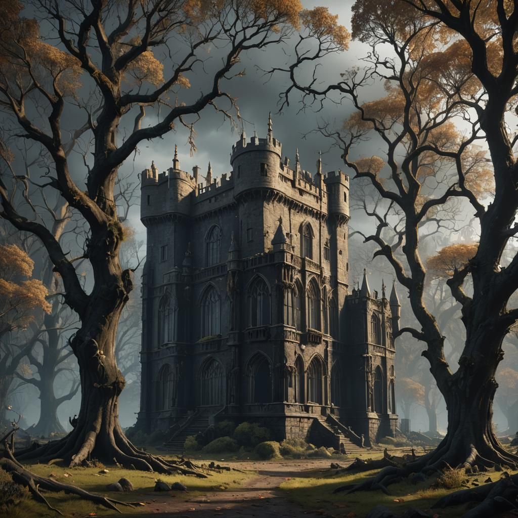 Gothic Scone Palace with Dead Trees, Detailed Matte Painting