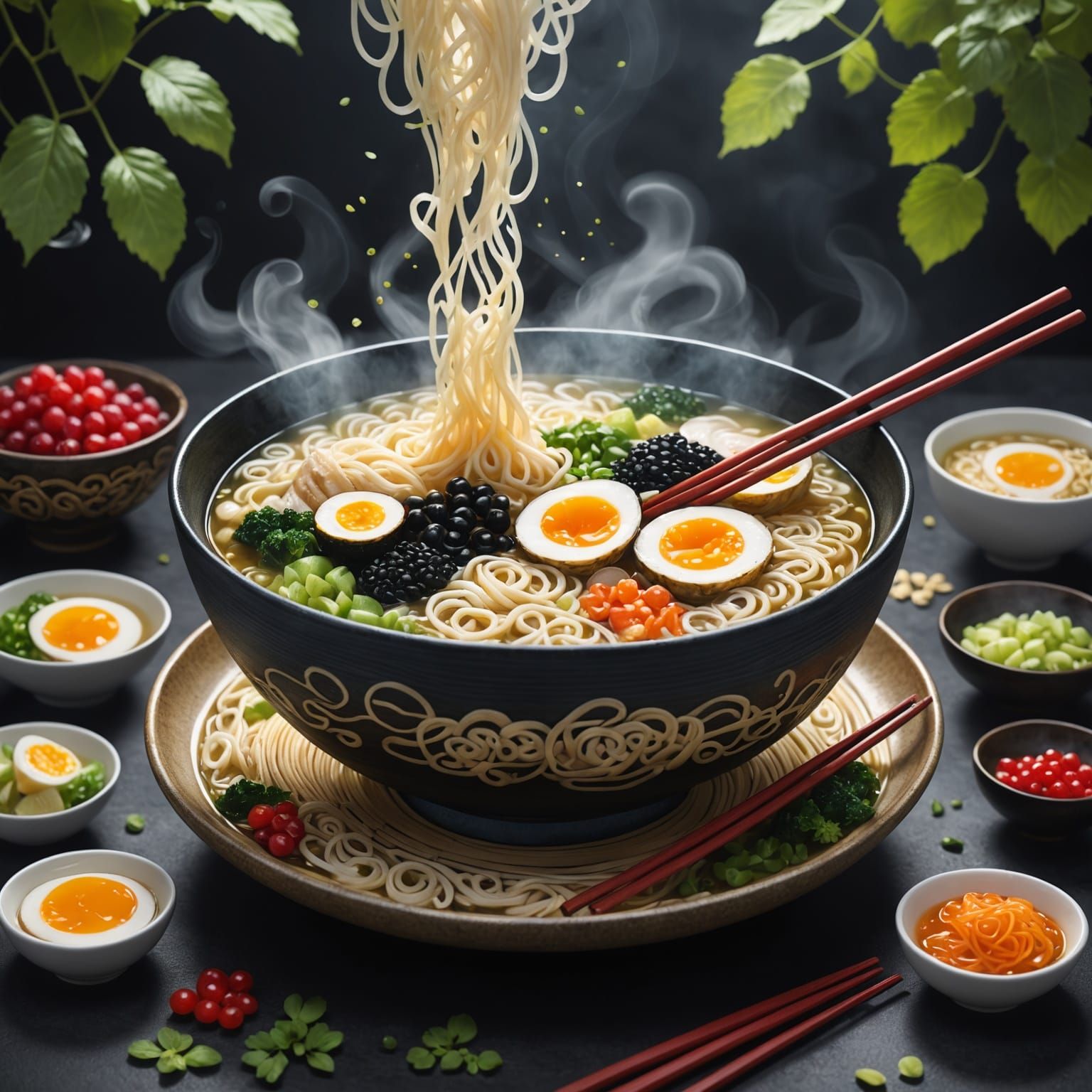Surreal Ramen Bowl in Retro-Futuristic Zen Garden