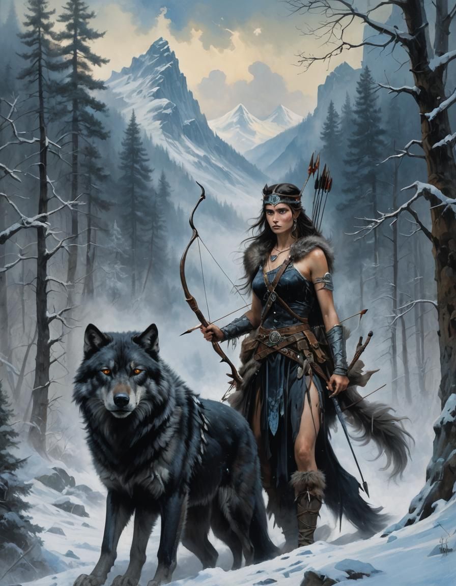 Warrior Woman and Wolf in Frazetta Style