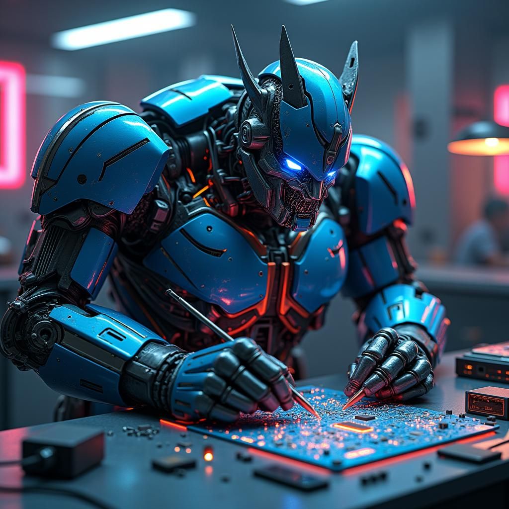 Cyberpunk Transformer Working on Circuit Board