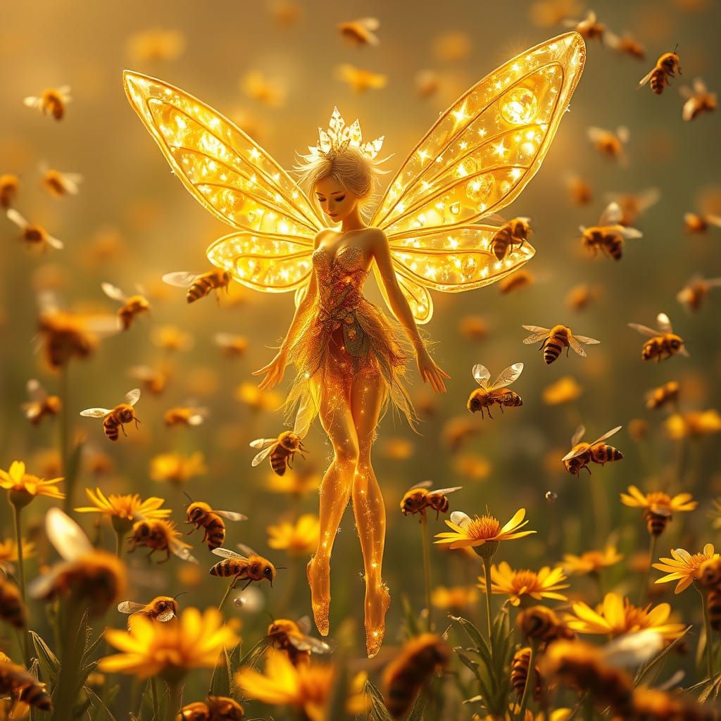 Luminous Honey Fairy in Shimmering Garden