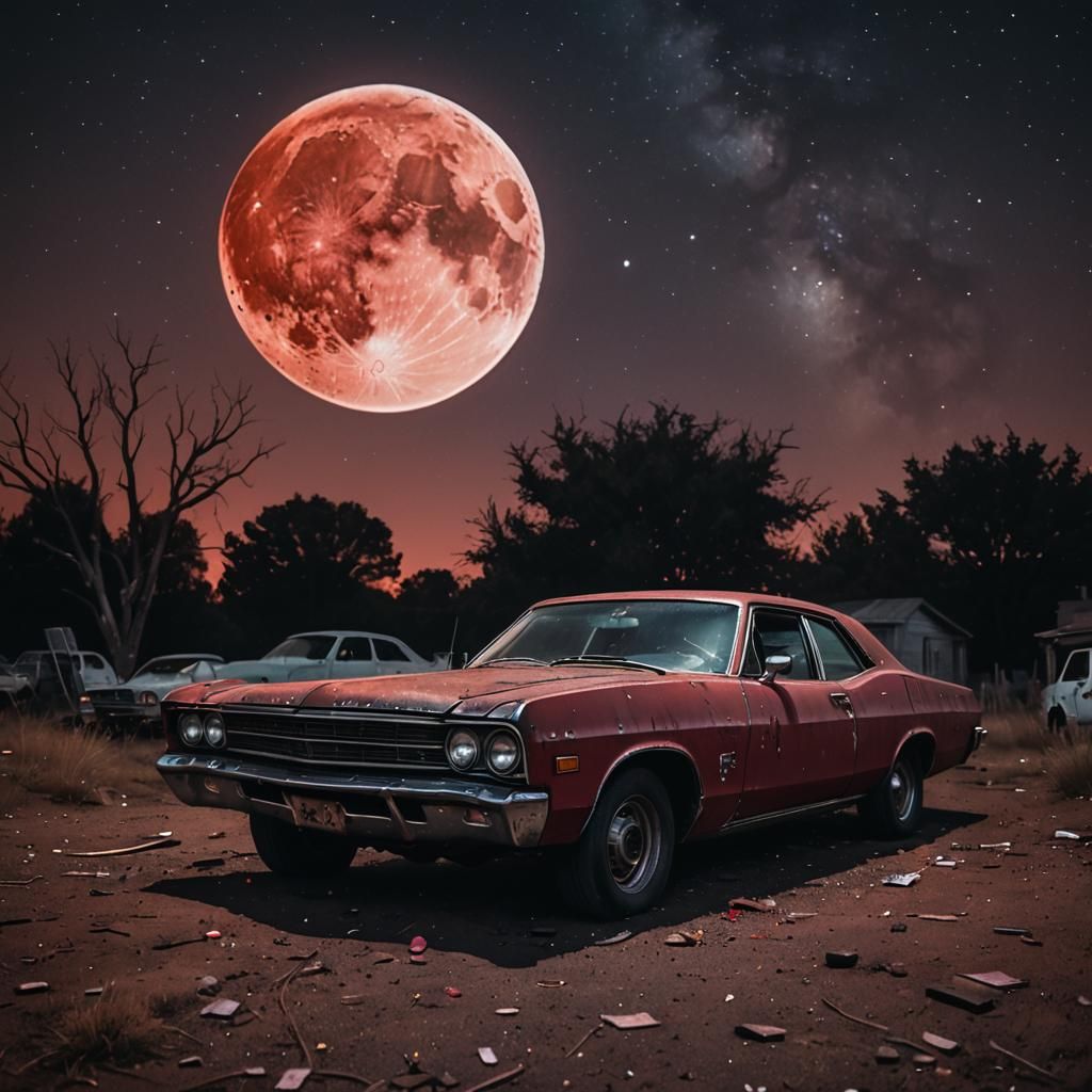 Eerie Blood Moon Over Night Junkyard