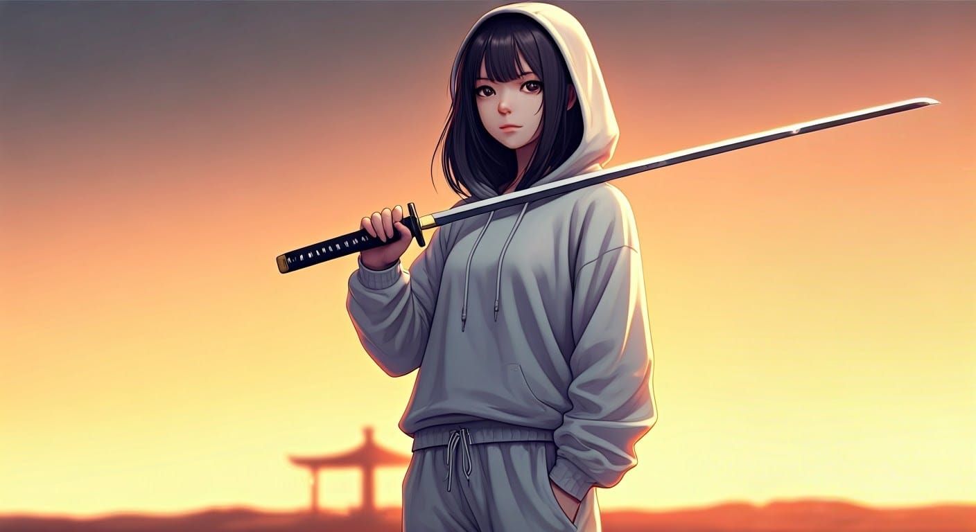 Anime Girl with Katana in Sunset, Digital Painting