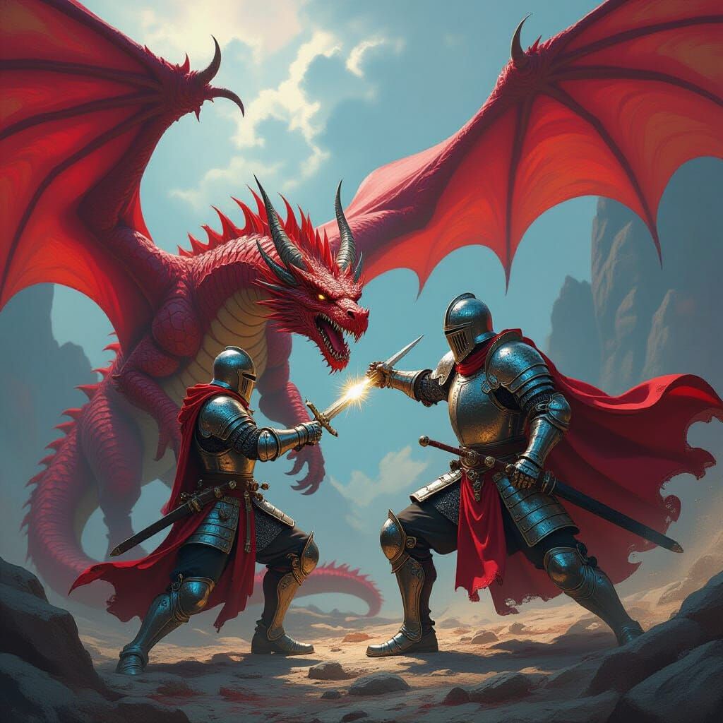 Knight Fighting Dragon in Hyperrealistic Splash Art