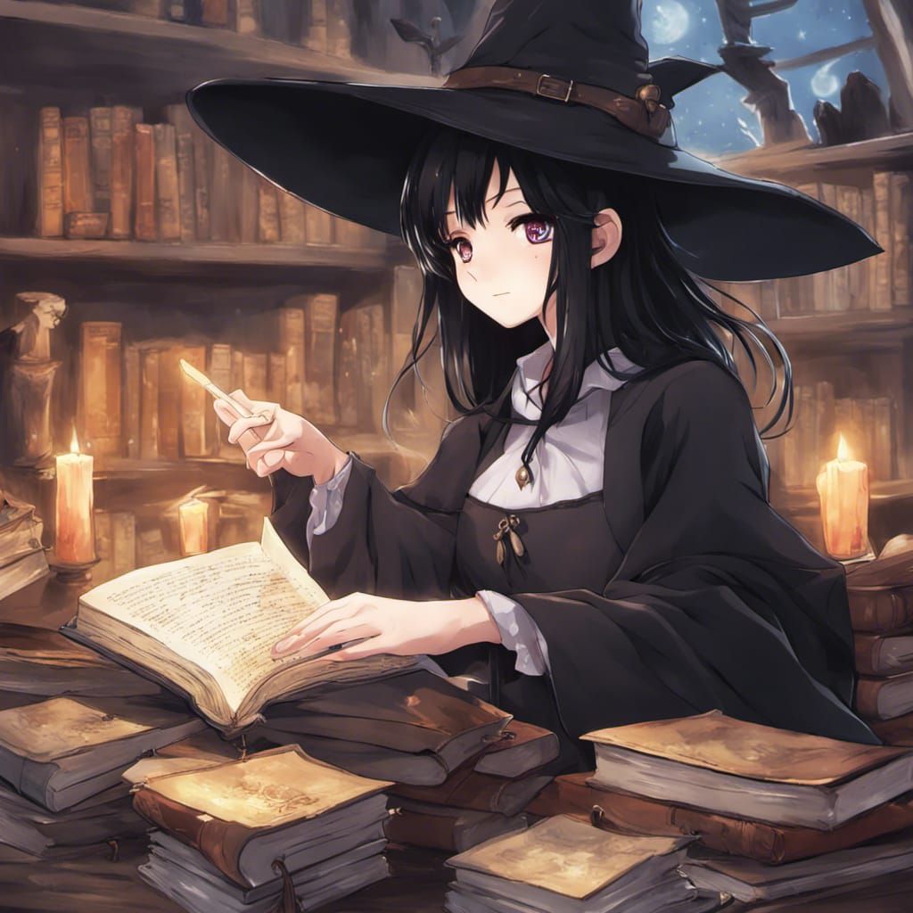 Anime Witch Studying Magic Book in Manga Style