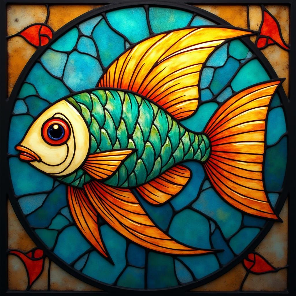 Surreal Art Deco Fish in Vibrant Stained Glass