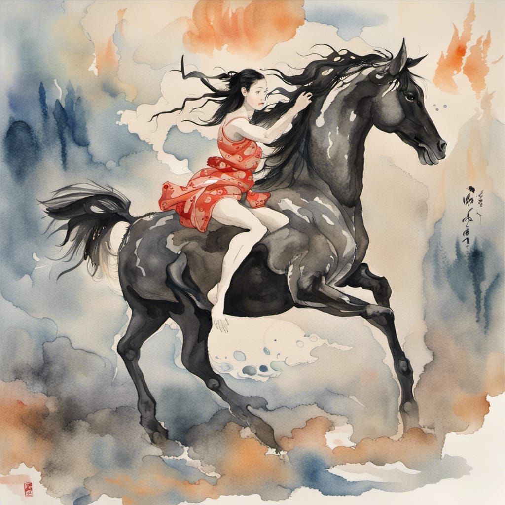 Centaur Girl in Japanese Ink Wash Style