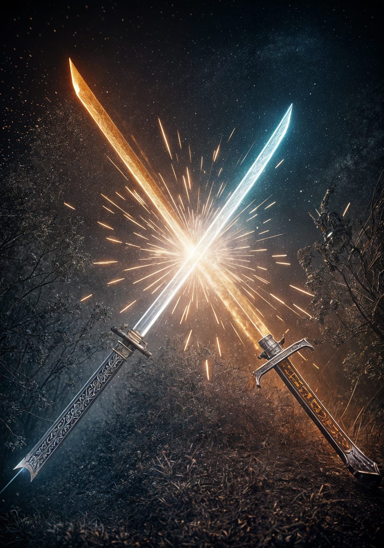 Grunge Fantasy Blade Clash in Dark, Moody Palette