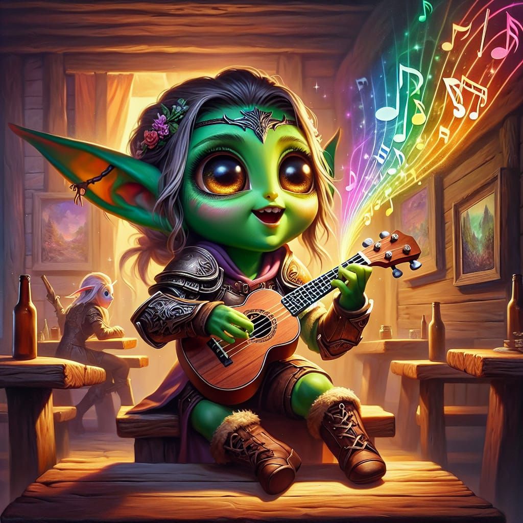 Chibi Goblin Bard's Enchanting Ukulele Performance