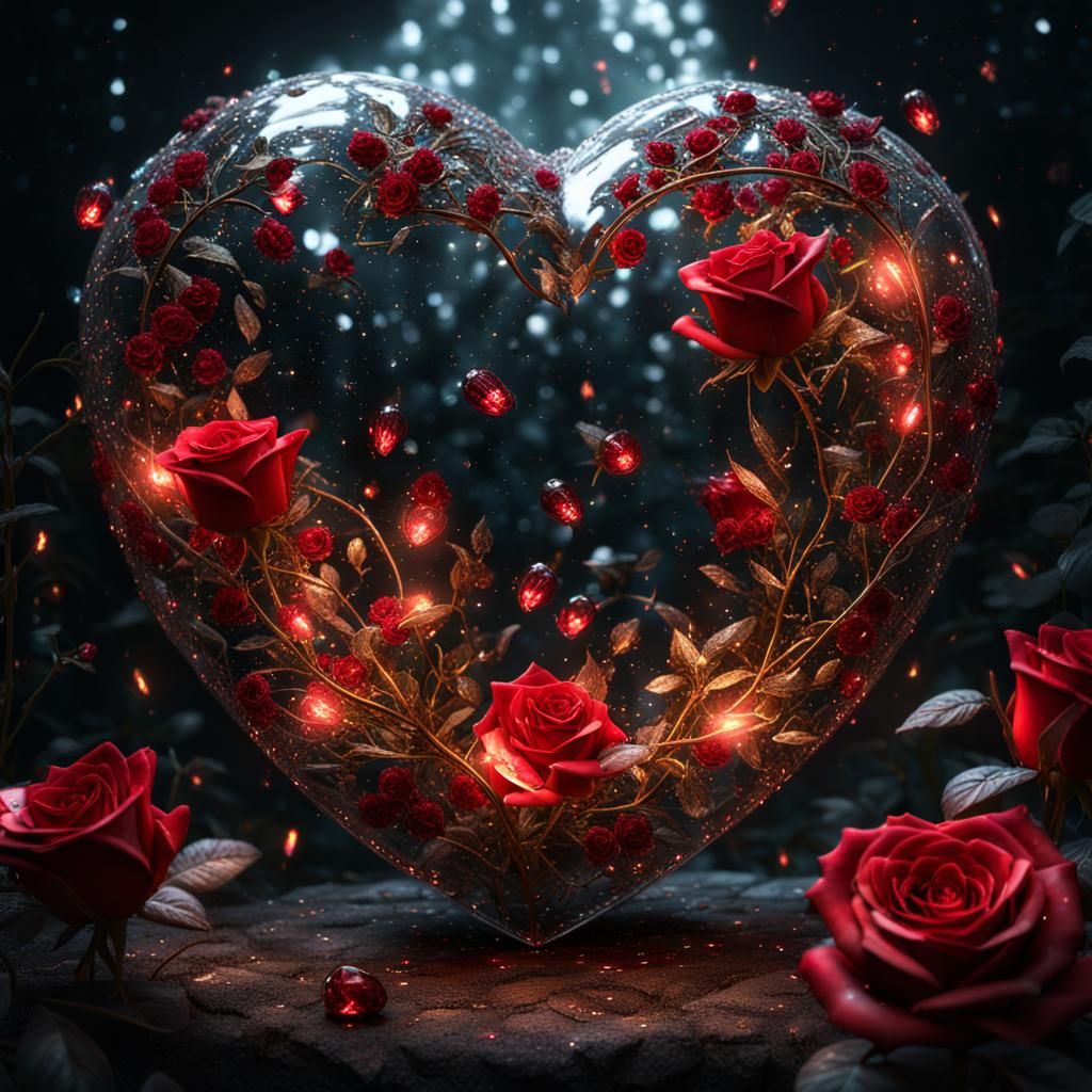 Crystalline Heart with Red Roses CGI Render