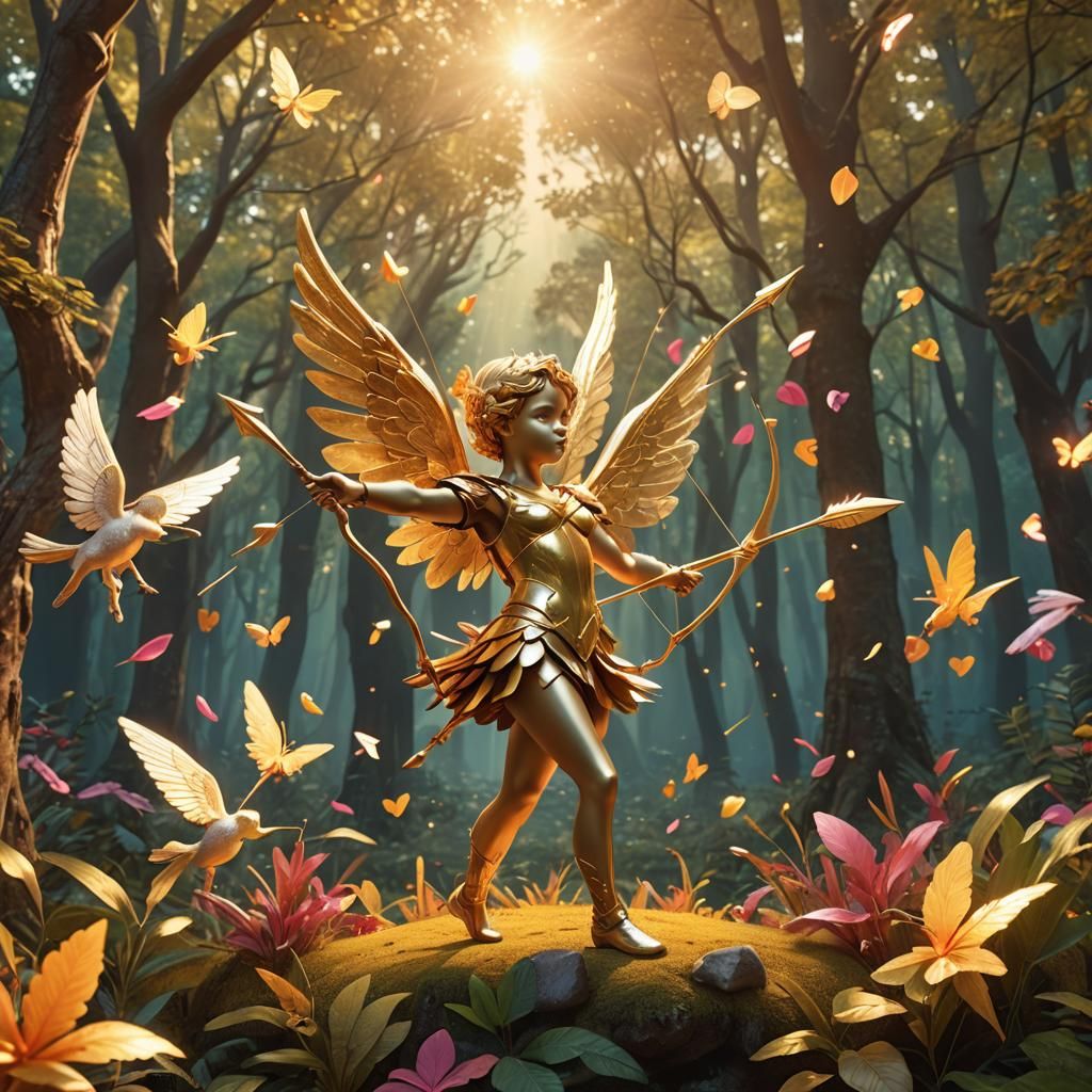 Cupid Under Attack in Whimsical Forest: 3D Digital Art