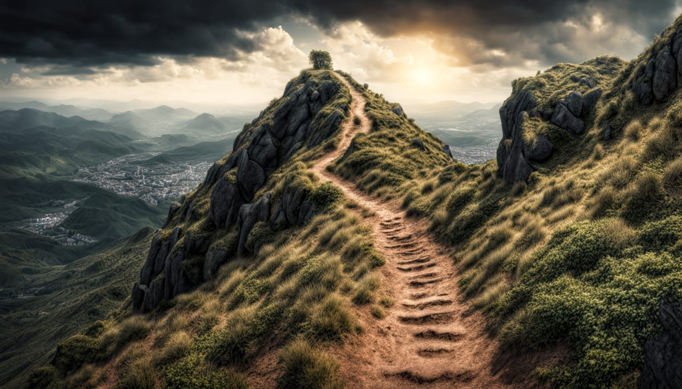 Hyperrealistic Walk Up Highest Hill With Moody Atmosphere