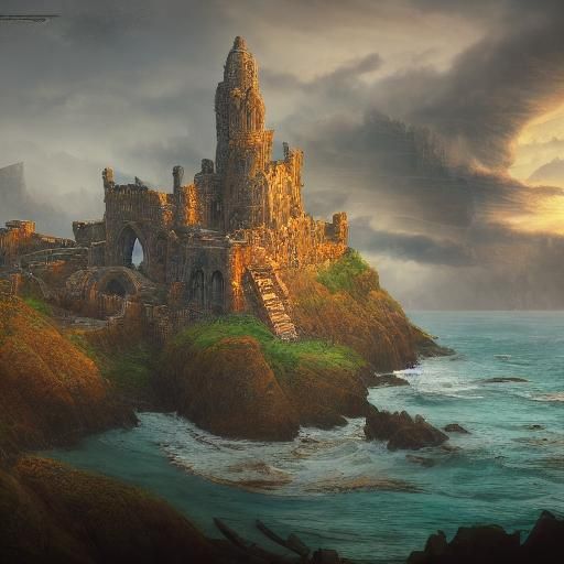 Norman Castle Ruins Overlooking Sea: Fantasy Art