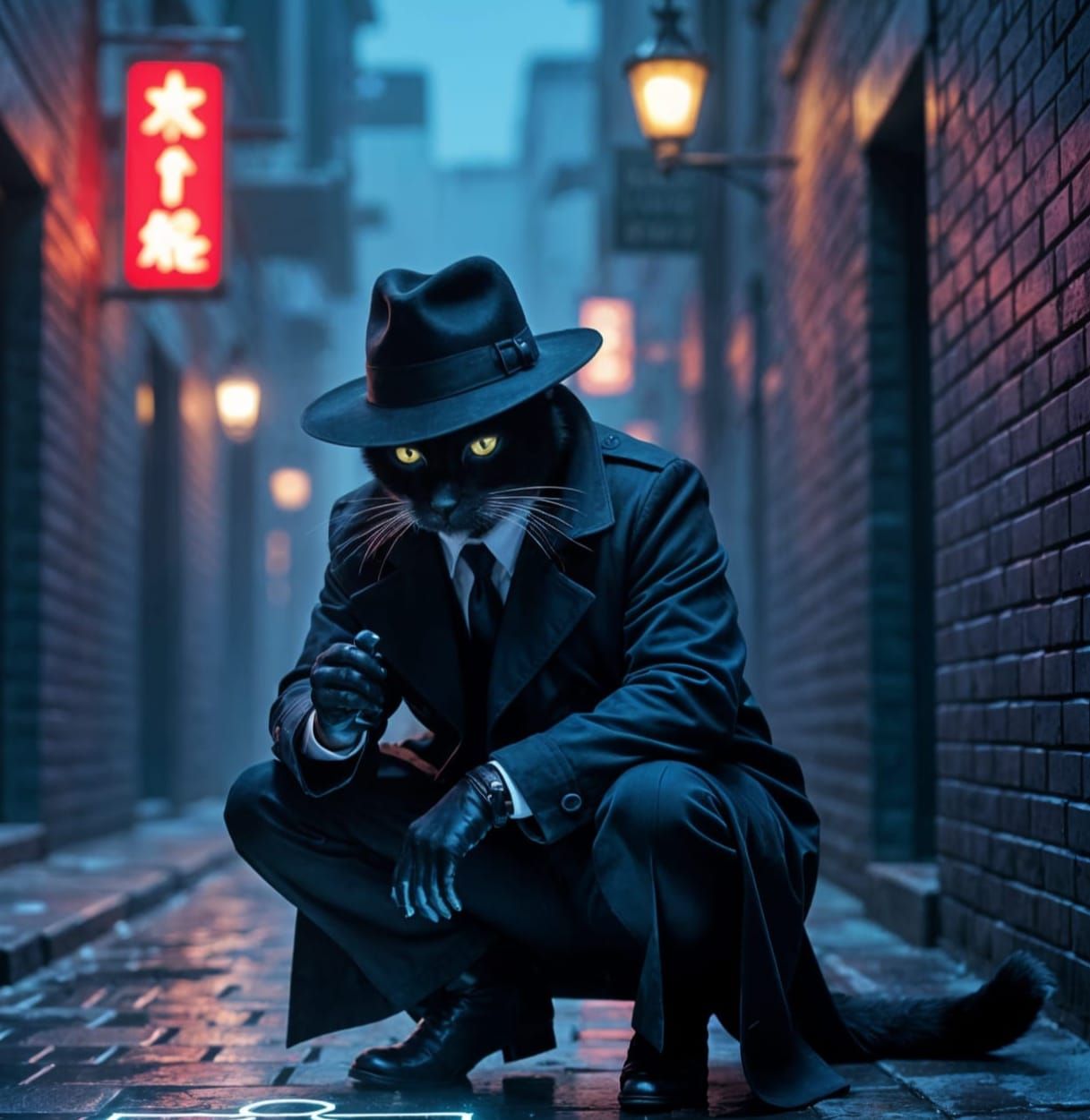 Black Cat Detective in Noir City Alleyway