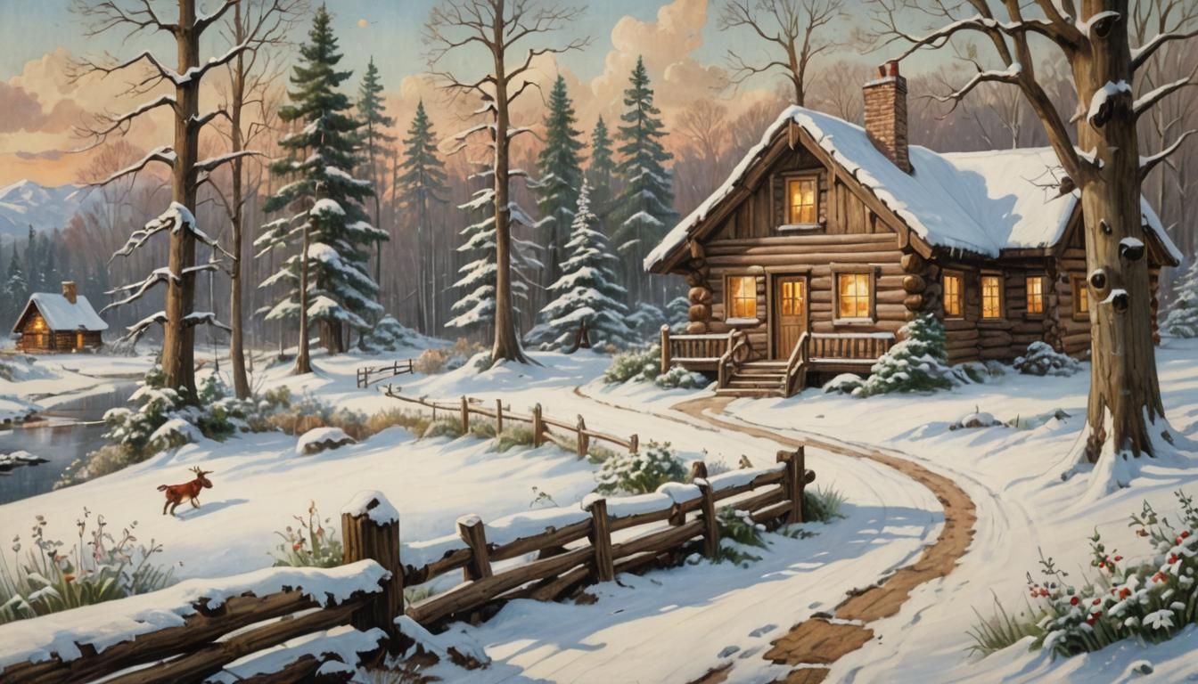 Snowy Log Cabin Scene in Fairy Tale Style