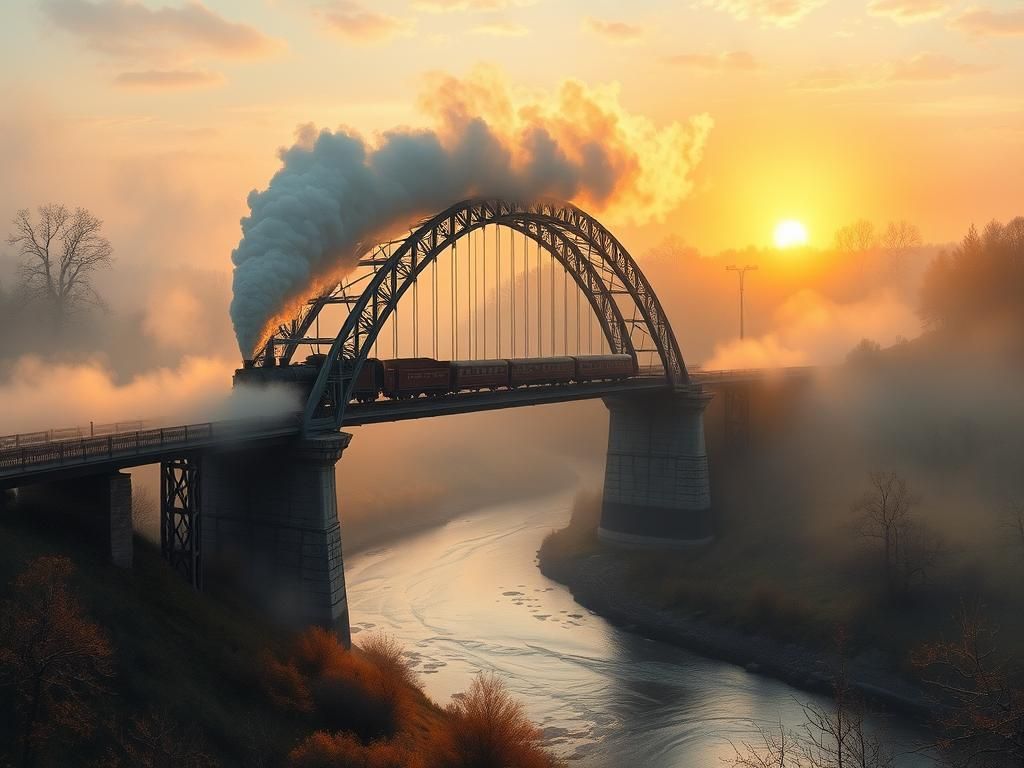 Ethereal Steam Train on High Arch Bridge at Sunrise