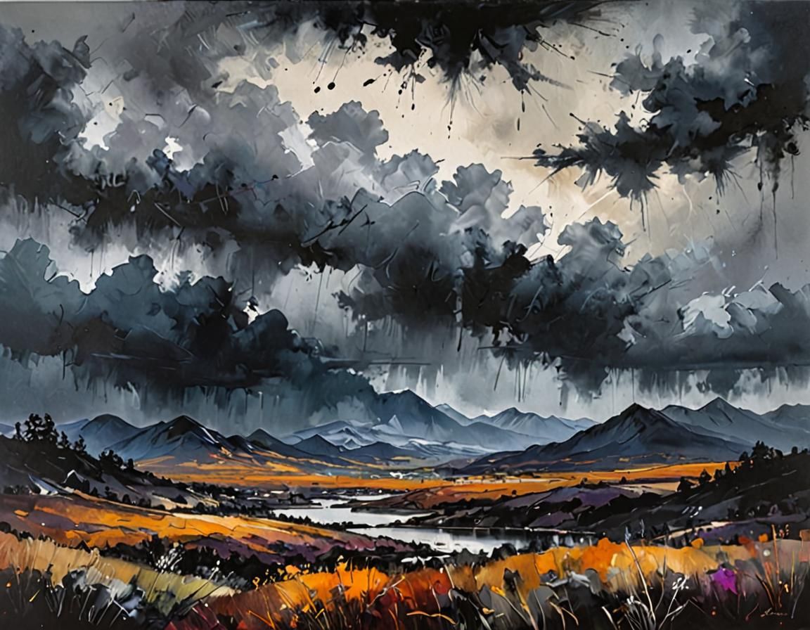 Vibrant Oil Painting of Mountain Range with Ink Blots