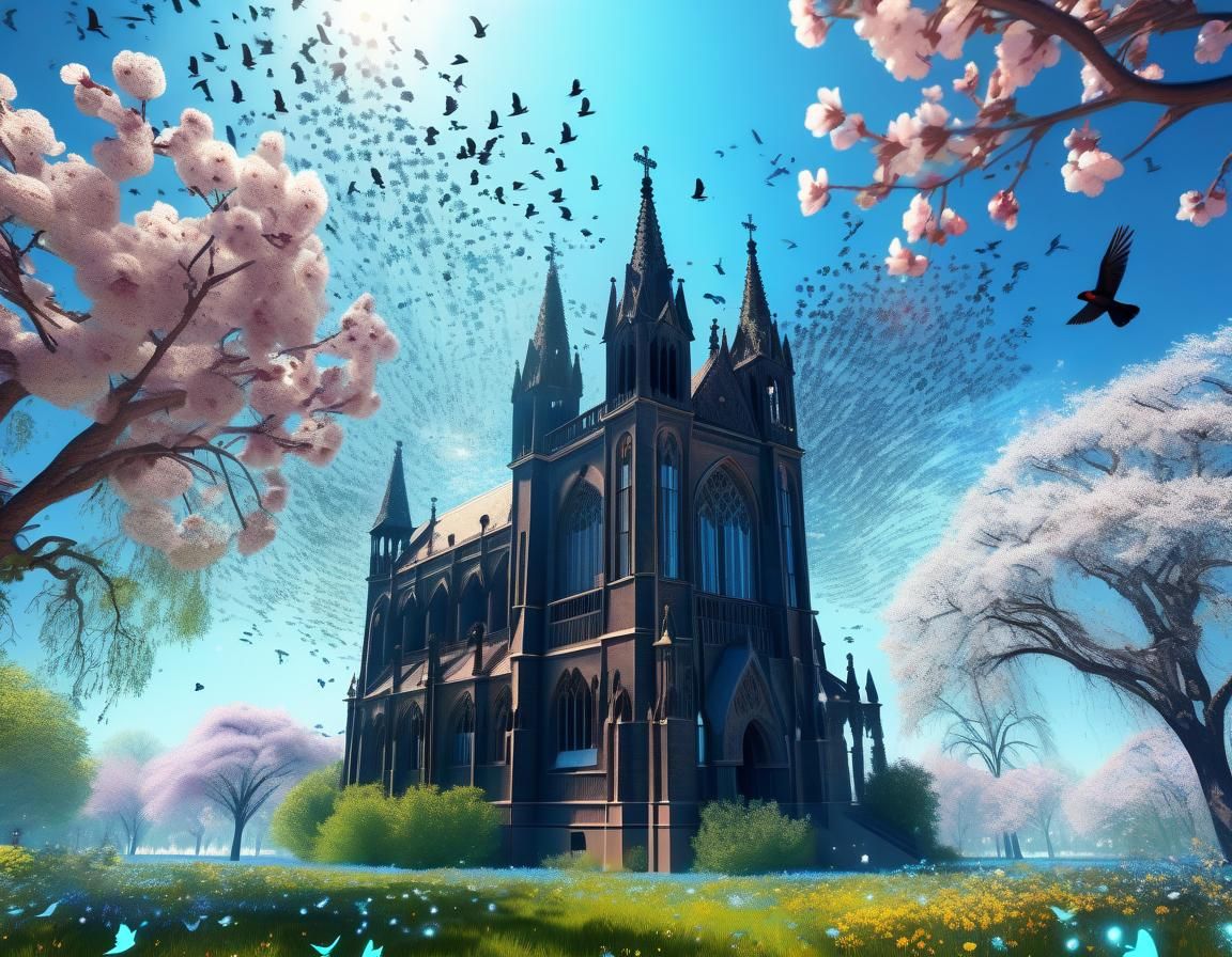 Photorealistic Spring Day with Birds and Blossoms