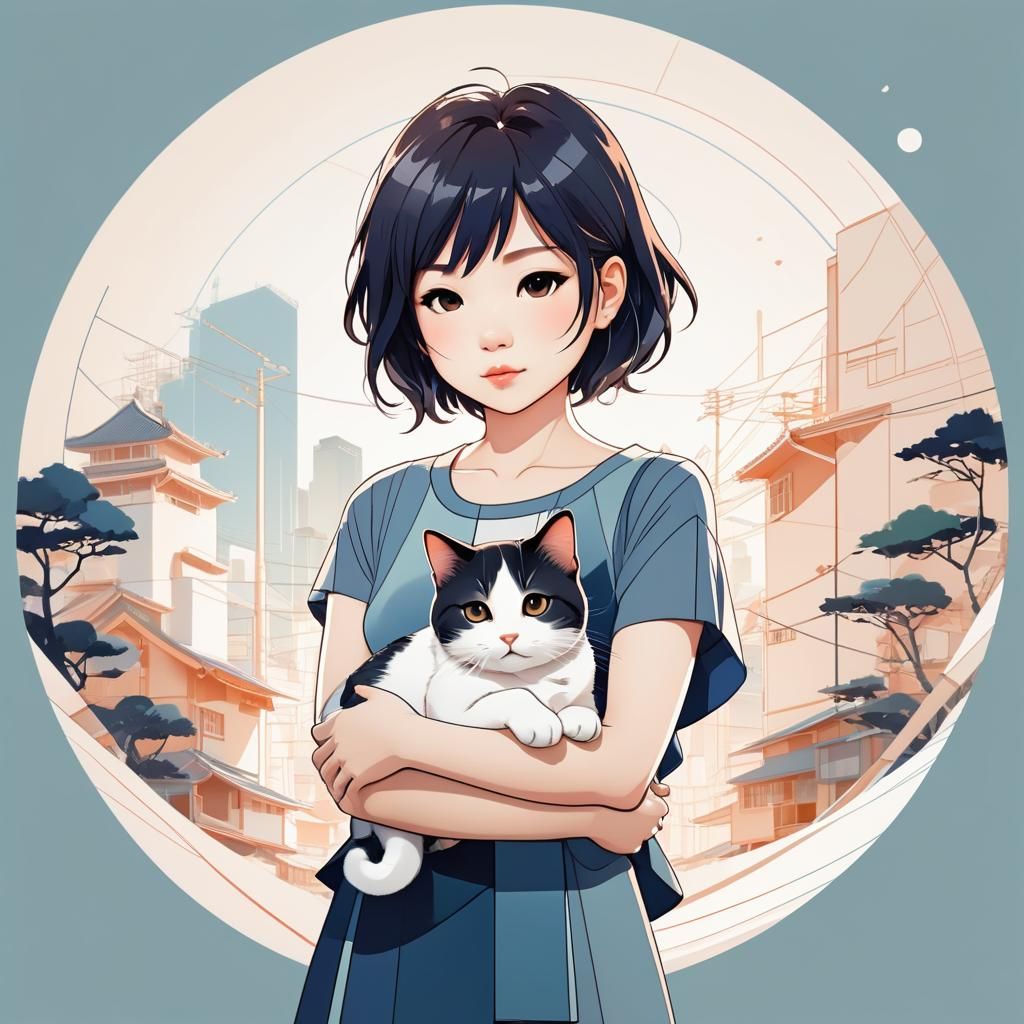Anime Woman Holding Cat in Watercolor Style