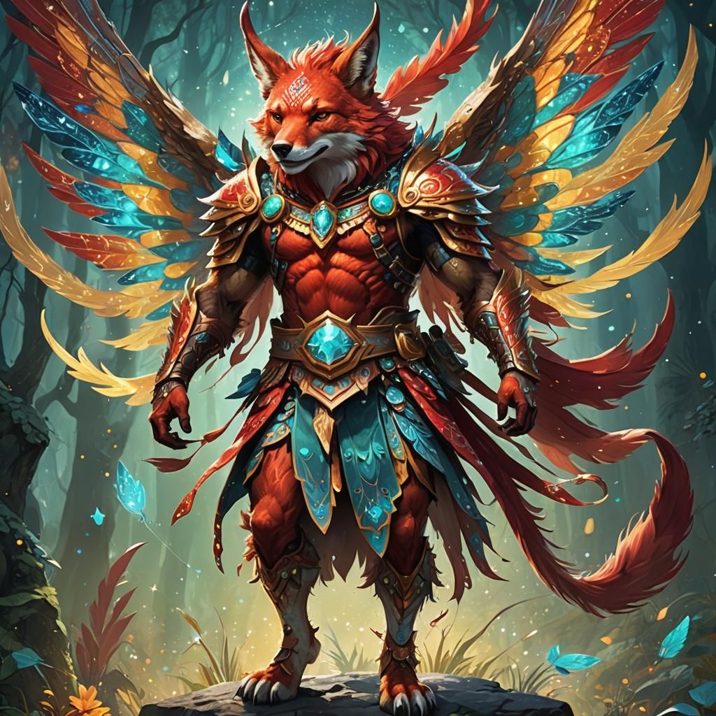 all vibrant squiggly red sparkle wings on an anthropomorphic red male fairy-Coyote God in a loin Kilt squiggly red color...