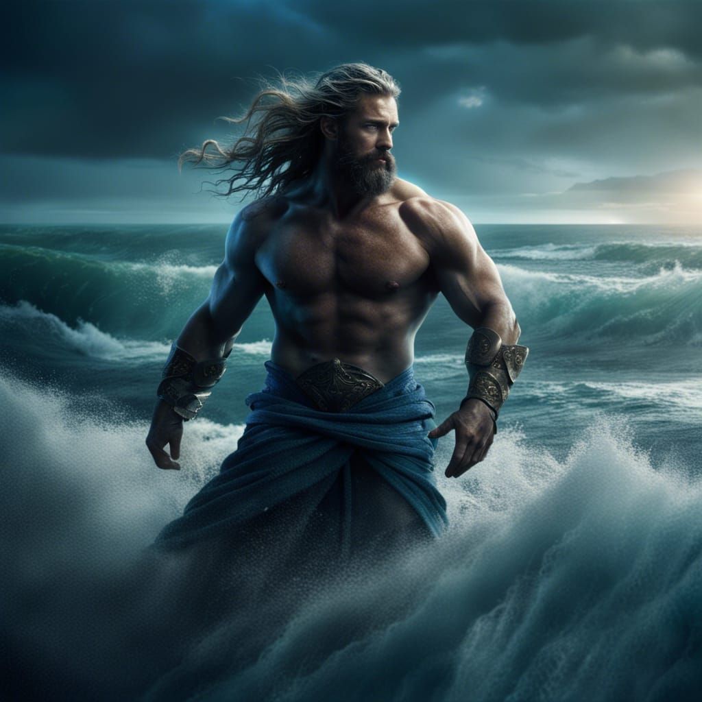 Young and Handsome Poseidon Emerging from the Sea
