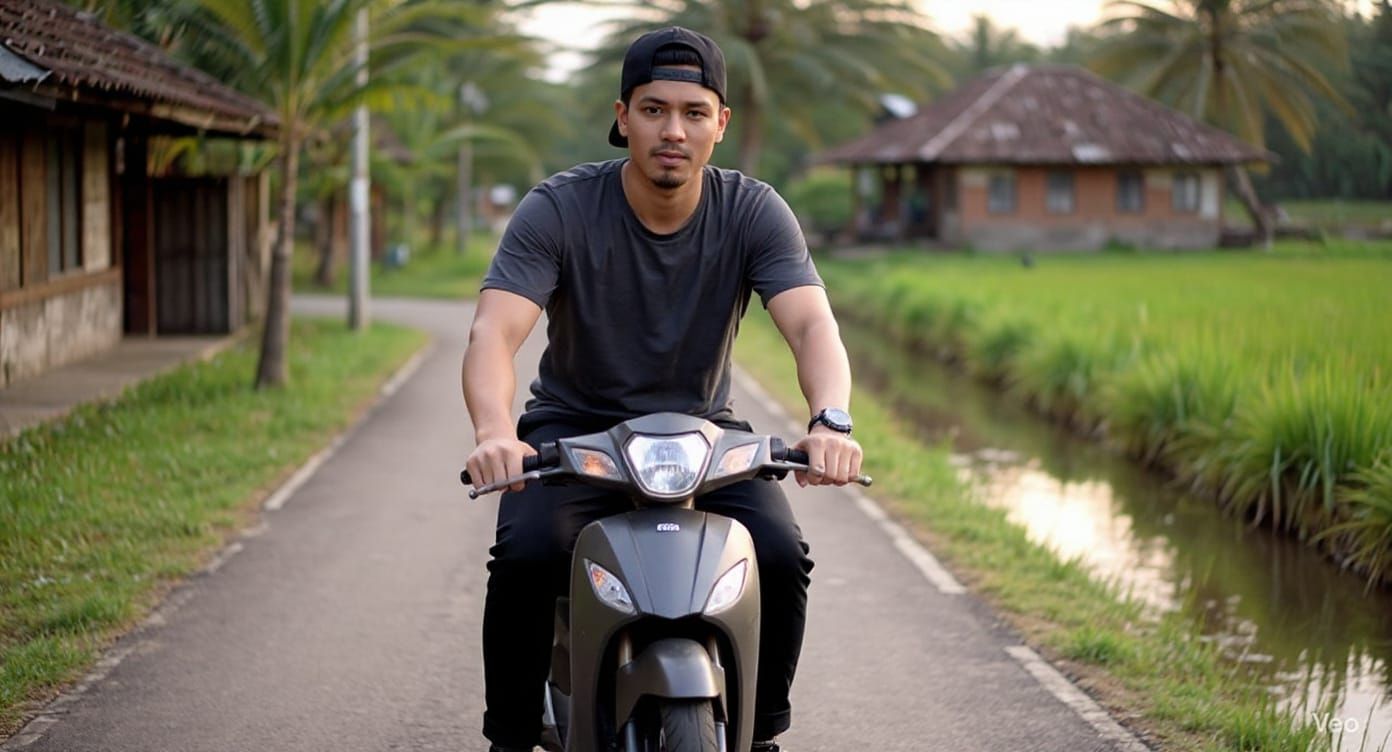Young Man on Motorcycle in Indonesian Village