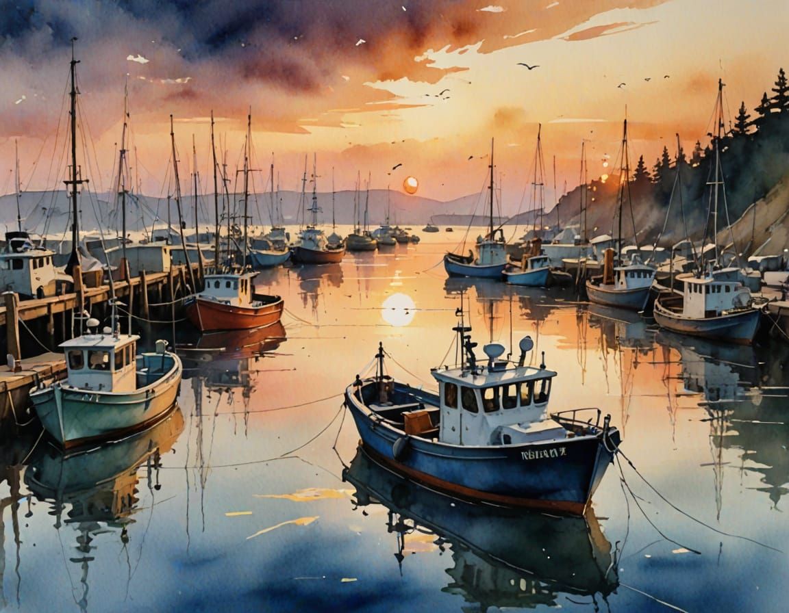 Realistic Harbor Sunset with Fishing Boats
