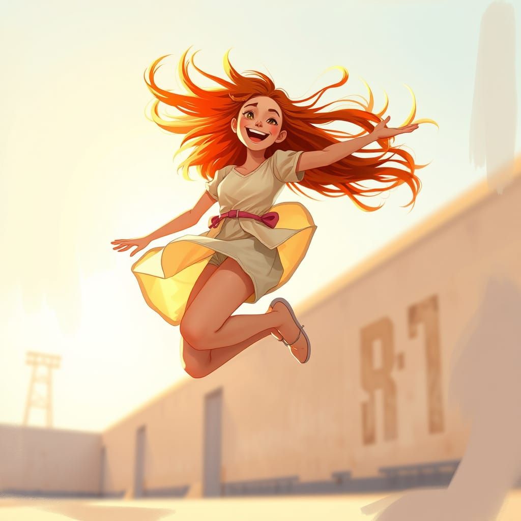 Vibrant Woman Jumps with Whimsical Exuberance