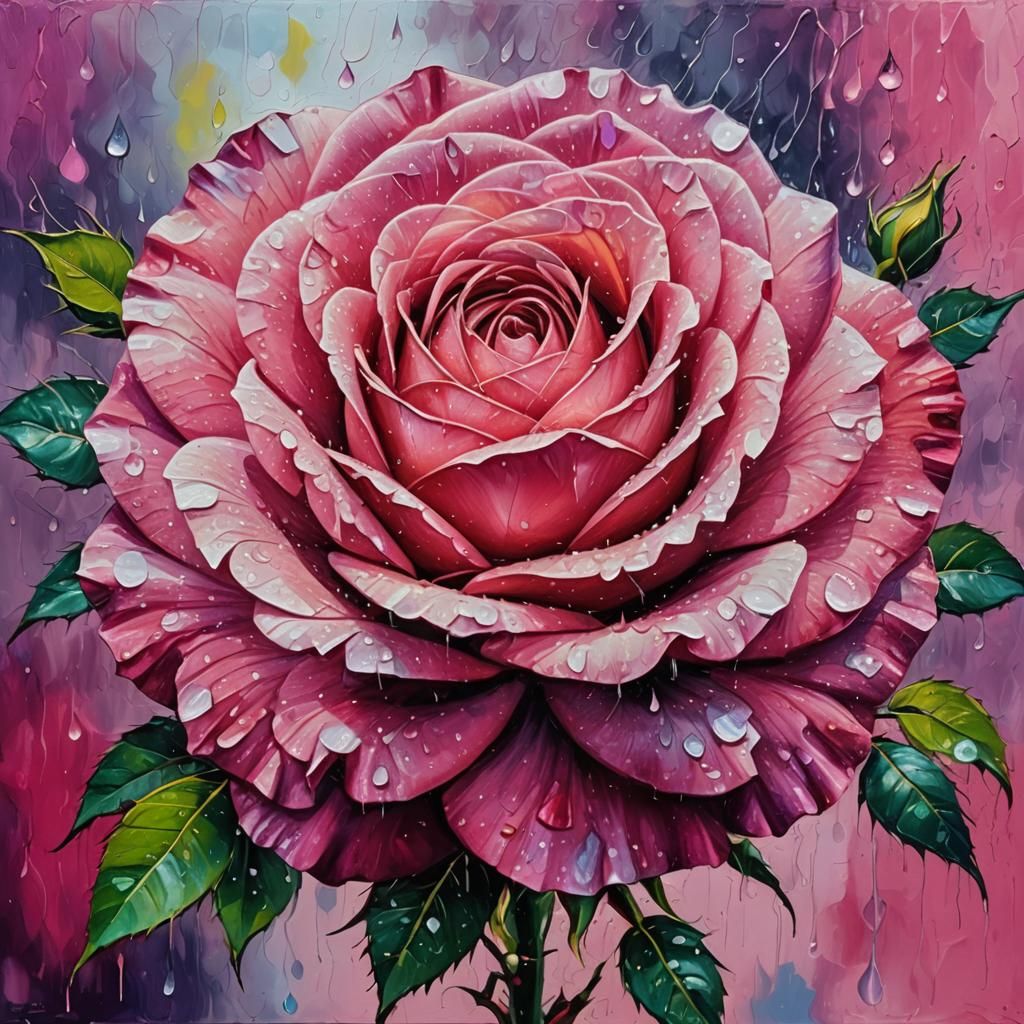 Pink Rose with Raindrops: Expressionist Oil Painting