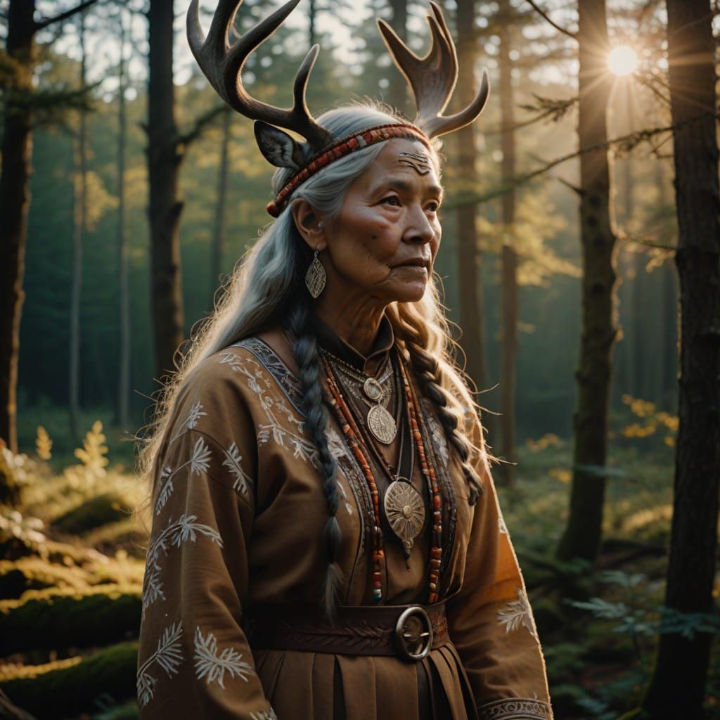 First Nation Deer Woman in Golden Light